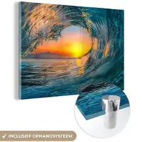 MuchoWow Glasschilderij - Foto op glas - Zee - Golf - Horizon - Zon - Wanddecoratie zee - Acrylplaat - Glazen schilderij - Acrylglas - 90x60 cm - Schilderijen woonkamer