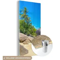 MuchoWow Glasschilderij 20x40 cm - Schilderij acrylglas - Strand - Tropisch - Zee - Planten - Foto op glas - Schilderijen