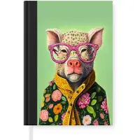 MuchoWow Notitieboek - Schrijfboek - Bril - Roze - Varken - Bloemen - Dier - Notitieboekje klein - A5 formaat - Schrijfblok