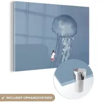 MuchoWow Glasschilderij 150x100 cm - Schilderij acrylglas - Kinderen - Kwal - Zeedieren - Vintage - Foto op glas - Schilderijen