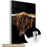 MuchoWow Glasschilderij Schotse Hooglander - Horens - Zwart - Dieren - Koe - Woonkamer - 120x160 cm - Foto op glas - Wanddecoratie glas - Kamer decoratie - Glasplaat - Muurdecoratie