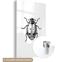 MuchoWow Glasschilderij 80x120 cm - Schilderij acrylglas - Vintage - Lieveheersbeestje - Insecten - Zwart wit - Foto op glas - Schilderijen