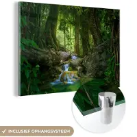 MuchoWow Glasschilderij - Foto op glas - Stenen - Rivier - Jungle - Boom - Groen - Schilderij glas - Schilderijen woonkamer - Wanddecoratie - 180x120 cm - Muurdecoratie - Acrylglas