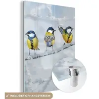 MuchoWow Glasschilderij - Foto op glas - Vogel - Koolmees - Winter - Sneeuw - Takken - 120x160 cm - Acrylglas - Glasschilderij vogels - Wanddecoratie - Glasschilderij dieren - Decoratie woonkamer