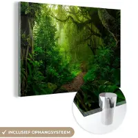 MuchoWow - Glasschilderij - Foto op glas - Blad - Jungle - Zon - Groen - Bomen - Kamer decoratie - 90x60 cm - Acrylglas - Muurdecoratie - Wanddecoratie