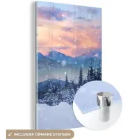 MuchoWow Glasschilderij 100x150 cm - Schilderij acrylglas - Sneeuw - Lucht - Bos - Winter - Foto op glas - Schilderijen