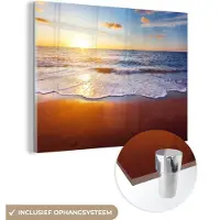 MuchoWow Glasschilderij - Foto op glas - Strand - Zee - Zon - Horizon - Schilderij strand - Wanddecoratie natuur - Acrylglas - Schilderij glas - 160x120 cm - Schilderijen woonkamer