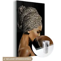 MuchoWow Glasschilderij 80x120 cm - Schilderij acrylglas - Vrouw - Hoofddoek - Tijgerprint - Foto op glas - Schilderijen