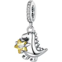 Fler | Bedel | Past op populaire bedel armbanden (standaard - 3mm) | armbandbedel | Dinosaurus | Goud kleurige ster | HangBedel Charm | 925 Sterling Zilver | Zirkonia transparant | Cadeau |