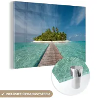 MuchoWow Glasschilderij 120x80 cm - Schilderij acrylglas - Zee - Pier - Eiland - Foto op glas - Muurdecoratie woonkamer - Wanddecoratie slaapkamer - Schilderijen