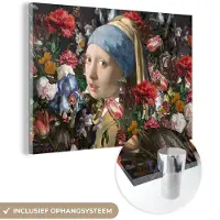 MuchoWow Glasschilderij 120x80 cm - Schilderij acrylglas - Meisje met de parel - Johannes Vermeer - Bloemen - Foto op glas - Schilderijen