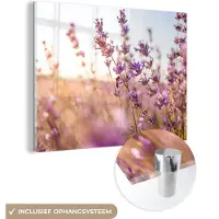 MuchoWow Glasschilderij - Foto op glas - Bloemen - Lavendel - Bij - Zon - Licht - Acrylglas - 160x120 cm - Schilderij glas - Muurdecoratie glas - Decoratie woonkamer - Glasschilderij bloemen