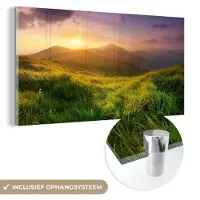MuchoWow Glasschilderij 40x20 cm - Schilderij acrylglas - Bergen - Zon - Natuur - Foto op glas - Schilderijen