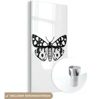 MuchoWow Glasschilderij 40x80 cm - Schilderij acrylglas - Vlinder - Botanisch - Vintage - Zwart wit - Foto op glas - Schilderijen