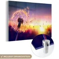 MuchoWow Glasschilderij - Schilderij bloemen - Paardenbloem - Bloemen - Zonsondergang - Natuur - Acrylglas - Wanddecoratie natuur - Foto op glas - Glazen schilderij - 180x120 cm - Schilderijen woonkamer