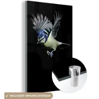 MuchoWow Glasschilderij 60x90 cm - Schilderij acrylglas - Vogels - Veren - Zwart - Foto op glas - Schilderijen