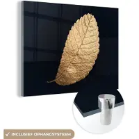 MuchoWow Glasschilderij 160x120 cm - Schilderij acrylglas - Goud - Bladeren - Zwart - Planten - Luxe - Natuur - Foto op glas - Schilderijen