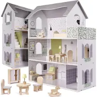 Kik Zeer luxe XL houten poppenhuis met meubels 70 cm grijs