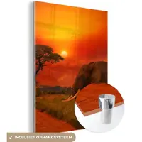 MuchoWow Glasschilderij - Olifant - Zon - Savanne - Natuur - Muurdecoratie - Schilderij glas - Acrylglas - 90x120 cm - Wanddecoratie - Foto op glas
