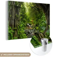 MuchoWow Glasschilderij - Schilderij glas - Bos - Water - Jungle - Stenen - Groen - Acrylglas - Wanddecoratie - Foto op glas - 120x80 cm - Muurdecoratie - Schilderijen woonkamer