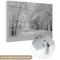 MuchoWow Glasschilderij 150x100 cm - Schilderij acrylglas - Bomen - Sneeuw - Winter - Foto op glas - Schilderijen