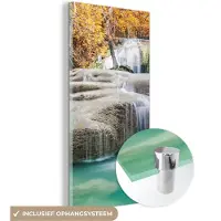 MuchoWow Glasschilderij 80x160 cm - Schilderij acrylglas - Bos - Waterval - Water - Herfst - Foto op glas - Schilderijen