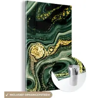 MuchoWow Glasschilderij 100x150 cm - Schilderij acrylglas - Marmer - Goud - Glitter - Groen - Marmerlook - Luxe - Foto op glas - Schilderijen
