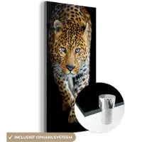 MuchoWow Glasschilderij - Acrylglas - Muurdecoratie - Luipaard - Zwart - Dieren - Schilderij glas - 60x120 cm - Foto op glas - Woonkamer - Wanddecoratie