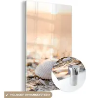 MuchoWow Glasschilderij - Wanddecoratie - Schelpen - Strand - Zon - Acrylplaat - Glasschilderij natuur - Foto op glas - Glasschilderij strand - Acrylglas - 120x180 cm - Schilderijen woonkamer - Muurdecoratie