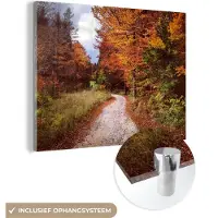 MuchoWow Glasschilderij 160x120 cm - Schilderij acrylglas - Herfst - Herfstbladeren - Pad - Bos - Foto op glas - Schilderijen