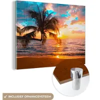 MuchoWow Glasschilderij - Strand - Zee - Palmboom - Acrylglas - Foto op glas - 160x120 cm - Glasschilderij natuur - Schilderij glas - Muurdecoratie glas - Glasschilderij strand - Slaapkamer