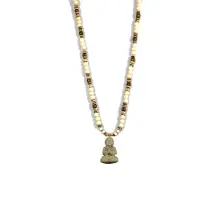 Heaven Eleven - dames ketting - ibiza - kralenketting naturel bruin hout en been kralen met een zittende 3d monnik van hertengewei handgemaakt - 100cm
