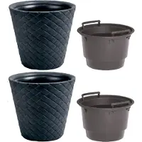 Prosperplast 2x Kunststof Matuba rotan bloempotten/plantenpotten antraciet 40 cm inclusief binnenpot/binnenbak
