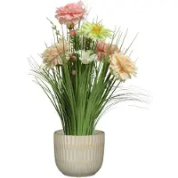 Everlands Kunstbloemen boeket roze - in pot lichtgrijs - keramiek - H40 cm - Kunstbloemen