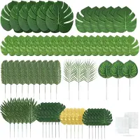 Fissaly 75 Stuks Tropische Bladeren Decoratie met Lint – Kunst Blad – Verjaardag Jungle Versiering – Groen & Goud