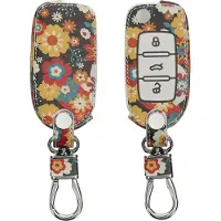 Kwmobile autosleutel hoesje geschikt voor VW Skoda Seat 3-knops autosleutel - Autosleutel behuizing - Case in oranje / rood / wit - Vintage bloemenmotief design