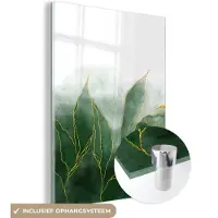 MuchoWow Glasschilderij 90x120 cm - Schilderij acrylglas - Marmer - Groen - Luxe - Goud - Marmerlook - Foto op glas - Schilderijen