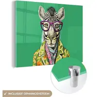 MuchoWow Glasschilderij 40x30 cm - Schilderij acrylglas - Zebra - Bril - Hippie - Bloemen - Dieren - Foto op glas - Schilderijen