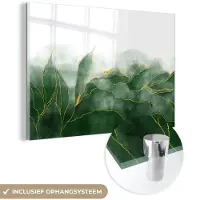 MuchoWow Glasschilderij 180x120 cm - Schilderij acrylglas - Marmer - Groen - Luxe - Goud - Marmerlook - Foto op glas - Schilderijen