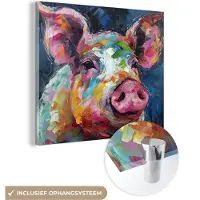 MuchoWow Glasschilderij 90x90 cm - Schilderij acrylglas - Varken - Olieverf - Dieren - Kunst - Foto op glas - Muurdecoratie woonkamer - Wanddecoratie slaapkamer - Schilderijen