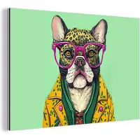 MuchoWow Wanddecoratie Metaal - Aluminium Schilderij Industrieel - Hond - Hippie - Dieren - Bril - 120x80 cm - Dibond - Foto op aluminium - Industriële muurdecoratie - Voor de woonkamer/slaapkamer