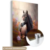 MuchoWow Glasschilderij 90x120 cm - Schilderij acrylglas - Paard - Bloemen - Natuur - Paars - Dieren - Foto op glas - Muurdecoratie woonkamer - Wanddecoratie slaapkamer - Schilderijen