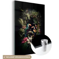 MuchoWow Glasschilderij 90x120 cm - Schilderij acrylglas - Vogel - Bloemen - Planten - Jungle - Zwart - Toekan - Foto op glas - Schilderijen