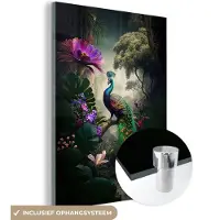 MuchoWow Glasschilderij 60x80 cm - Schilderij acrylglas - Pauw - Bloemen - Jungle - Regenboog - Veren - Foto op glas - Schilderijen