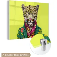 MuchoWow Glasschilderij 80x60 cm - Schilderij acrylglas - Panter - Dier - Bril - Kleuren - Foto op glas - Schilderijen