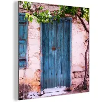 MuchoWow Wanddecoratie Metaal - Aluminium Schilderij Industrieel - Vintage - Deur - Huis - Blauw - Boom - 90x90 cm - Dibond - Foto op aluminium - Industriële muurdecoratie - Voor de woonkamer/slaapkamer