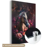 MuchoWow Glasschilderij 60x80 cm - Schilderij acrylglas - Paard - Bloemen - Paars - Oranje - Dieren - Foto op glas - Muurdecoratie woonkamer - Wanddecoratie slaapkamer - Schilderijen