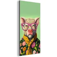 MuchoWow Wanddecoratie Metaal - Aluminium Schilderij Industrieel - Bril - Roze - Varken - Bloemen - Dier - 80x160 cm - Dibond - Foto op aluminium - Industriële muurdecoratie - Voor de woonkamer/slaapkamer