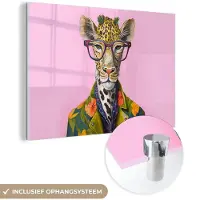 MuchoWow Glasschilderij 180x120 cm - Schilderij acrylglas - Dieren - Giraffe - Bril - Bloemen - Foto op glas - Schilderijen