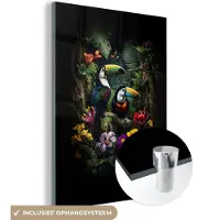MuchoWow Glasschilderij 90x120 cm - Schilderij acrylglas - Toekan - Bloemen - Tropisch - Jungle - Vogel - Foto op glas - Schilderijen